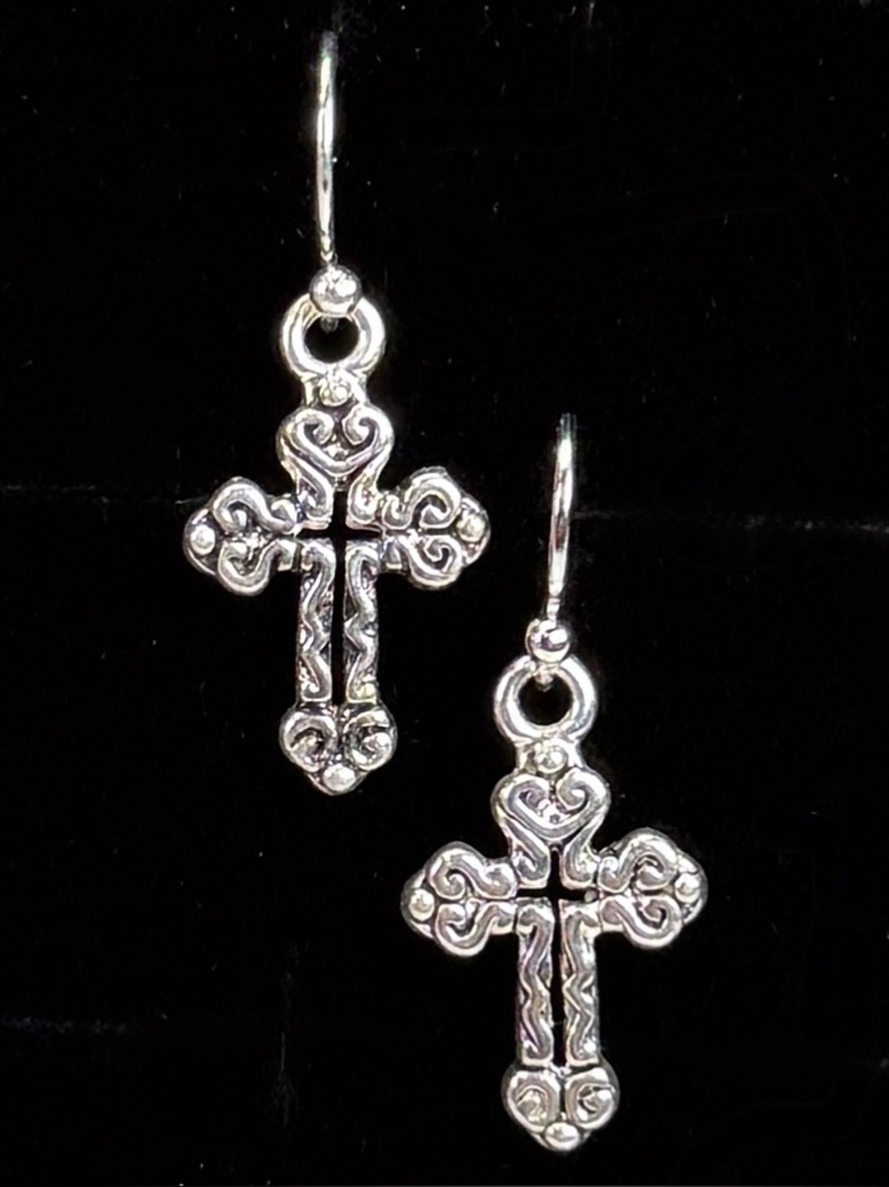Beautiful intricate aged Silvertone, religious cross pierced earrings
